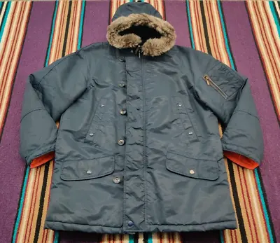 Vtg Sears Outerwear Men's Fur Trim Hood Blue N-3B Parka Jacket Men's Size 42 Reg • $49.99