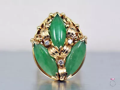 MING'S HAWAII LARGE 3 STONE GREEN JADE AND DIAMOND RING. FLORAL SIZE 6 MINGS 14k • $2650