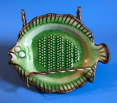 GREEN CERAMIC FISH SHAPED ~ GARLIC GINGER TEXTURED GRATER DISH ~ 5  X 4 1/4  • $14.79