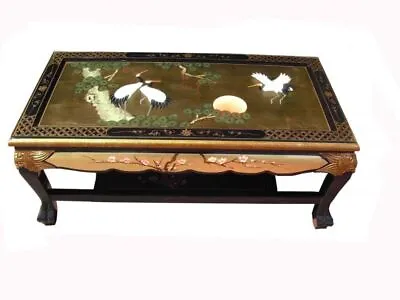 £475 • Buy Oriental Chinese Gold Leaf Hand Painted Coffee Table W/Shelf And Glass Top