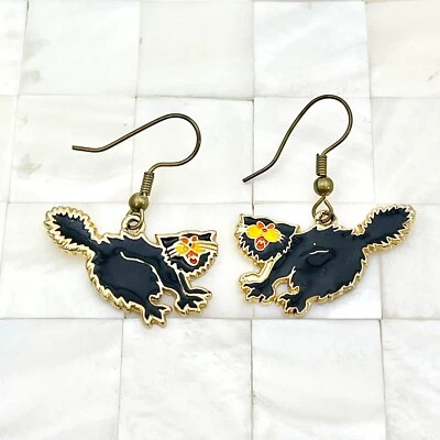 $3.99 • Buy Halloween Black Scaredy Cat Dangle Drop Earrings The Vintage Strand Lot #9372