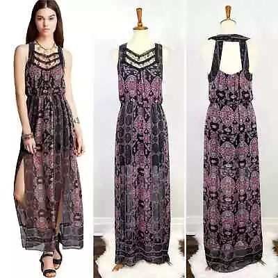 Free People Black Boho Moroccan Maxi Dress Lace High Slit Front Panel Size Small • $75