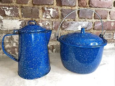 Enamelware Graniteware Blue Speckled Coffee Pot Dutch Oven Cooking Camping Lot/2 • $55