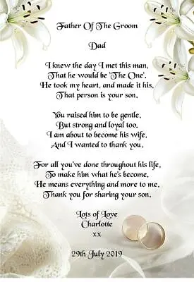 Wedding Day Thank You Gift Father Of The Groom From Bride Poem A5 Photo • £2.79