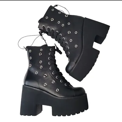 Hot Topic Black Grommet Lace-Up Platform Boots • $70