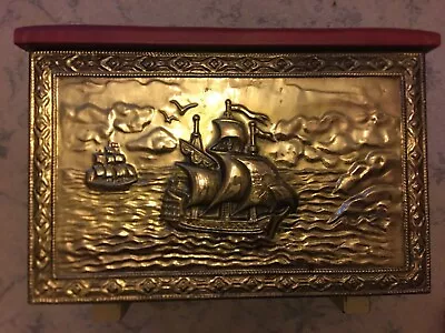 Vintage Antique Embossed Brass Galleon Ships Log Coal Box • £75