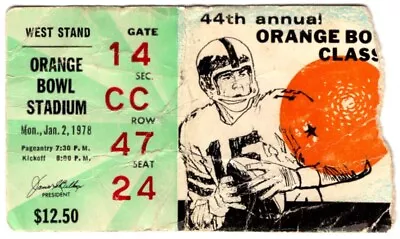 1978 ORANGE BOWL Ticket Stub ARKANSAS RAZORBACKS Vs OKLAHOMA SOONERS 1/2/78 • $19.99