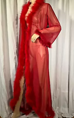 Red Sheer Peignoir Robe Chiffon Marabou Feather Trim L Tie Front Long Sexy Disco • $79.99