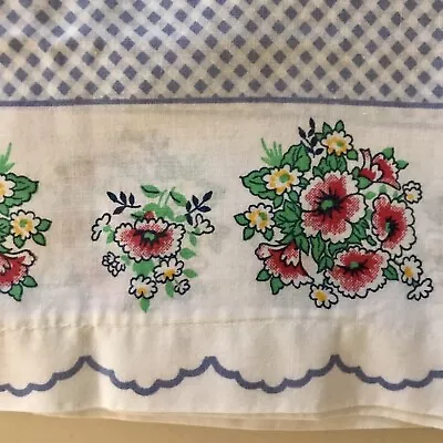 Vintage Pair Standard Blue Gingham Floral ScallopCotton Pillow Cases Flaw Stitch • $14.50