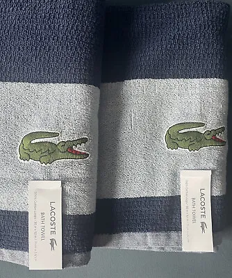 NWT Lacoste Bath Towel PAIR Cotton 30x52 Big Croc Logo Light Dark BLUE Set Of 2 • £46.51