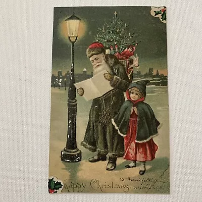 $24.95 • Buy Antique Postcard Embossed Christmas Santa Dark Green Robe Girl BW 291 Germany