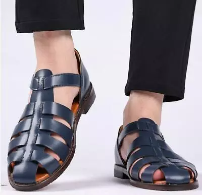 Roman Mens Sandals Ankle Buckle Hollow Out Closed Toe Shoes Stylish Summer Flats • £38.63