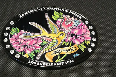 ED HARDY Rhinestone Black Belt Buckle BIRD Pattern 4  Oval Christan Audigier EUC • $16.99