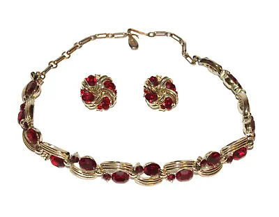 Vintage LISNER Ruby Red Rhinestone Gold Tone Choker Necklace Earrings Set RARE! • $59.95