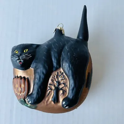 $14.99 • Buy 1997 Vaillancourt Folk Art Glass Halloween Black Cat Ornament Hand Blown OR664**