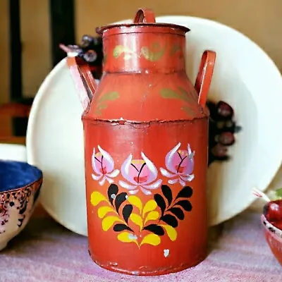 Vintage Scandinavian Toleware Hand  Painted Tin Milk Can Canister Chippy Red • £30.88