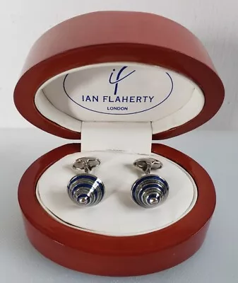 Ian Flaherty London NIB Men's Silver Tone Cufflinks Blue Green Striped Conical • £58.39