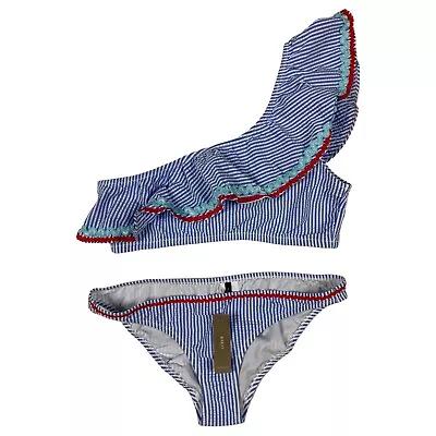 NEW J Crew Size Medium Bikini Set Seersucker Ruffle Swimsuit One Shoulder • $55.20