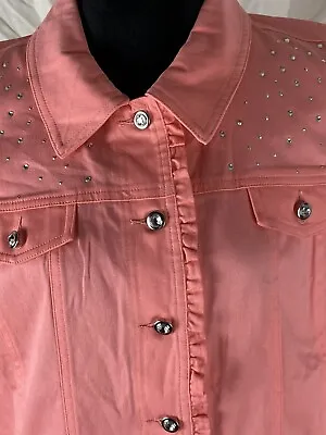 NWT Quaker Factory Denim Rhinestone Peachy Pink Button Front Size Medium • $30