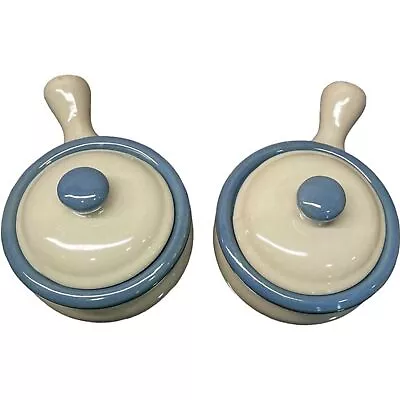 Vintage Set Of 2 Earthware Stone Soup Crock With Handle And Cover Blueprint Line • $34.99