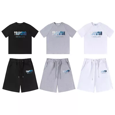 £21.86 • Buy Hot Men's Trapstar Letter Casual White Blue Towel Embroidery Short Sleeve Shorts