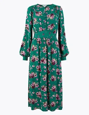 Marks And Spencer Green Floral  Midi Dress UK8 BNWT • £24.99