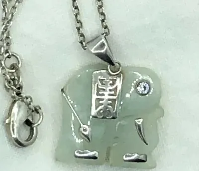 Vintage Sterling Silver Green Jade Elephant Pendant Necklace 18  Signed Avon • $39.96
