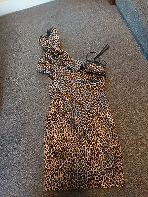 Miss Selfridge Brown Black Leopard Peplum Corset Dress Size 8 One Strap Bb5b • £7