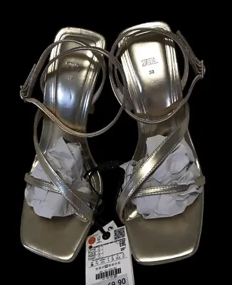 $35 • Buy Zara Gold High Heel Strappy Platform Sandals Brand New Size US 7.5 /EU 38