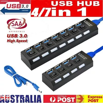 $18.99 • Buy 4/7 Port USB 3.0 HUB Powered High Speed Splitter Extender Cable For PC Laptop AU