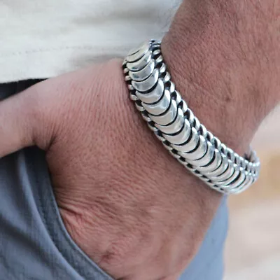 Men's Biker Heavy Wide Bracelet Solid 925 Sterling Silver Size 7 7.5 8 8.5 9 10  • $575