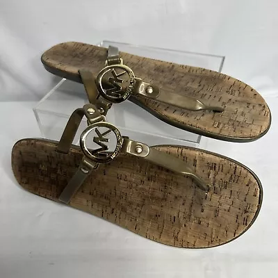 Michael Kors SZ 10 Gold MK Gold Logo Jelly Cork Thong Sandals Flip Flops • $13