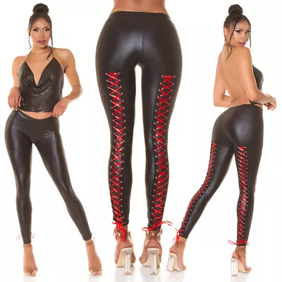 KOUCLA Sexy Leather Look Leggings S M L XL Red Contrast Lace Up Eyelets Skinny • £22.95
