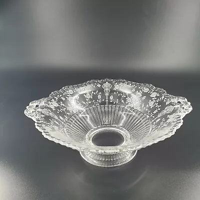 New Martinsville Viking Footed Bowl 10  Serving Clear Etched Flowers Handles • $24