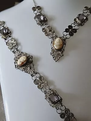 £89.99 • Buy Stunning Filigree And Real Cameo , Purple Glass Set Necklace And Bracelet...