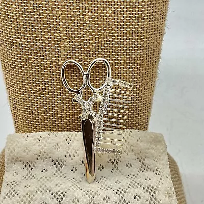 Vintage Brooch Pin  Cosmetology  Style Shears Comb Silver Tone  Rhinestone White • $5.99