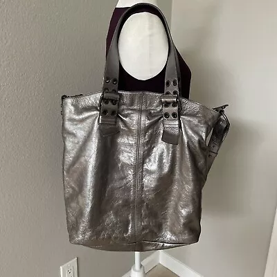 Francesco Biasia Tote Shoulder Bag Silver Metallic Genuine Leather Zip W Pockets • $69.99