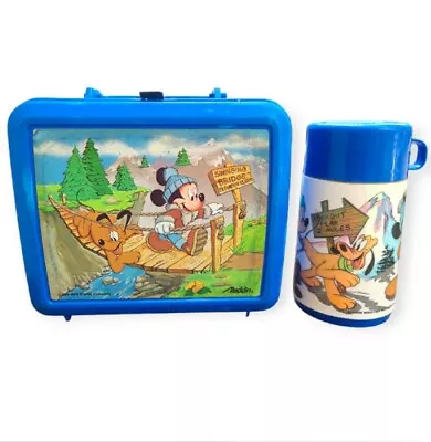 Walt Disney Vintage Mickey Mouse & Pluto Aladdin Lunch Box & Thermos Blue • $18