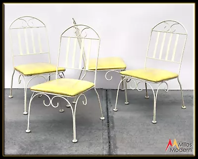 Vintage 60s  Mid Century Modern Set 4 Sunbeam White Yellow Iron Patio Chairs • $499.95