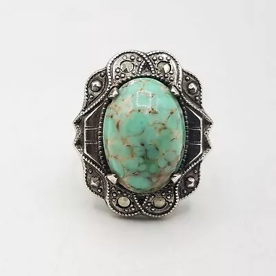 925 Sterling Silver Turquoise & Marcasite Filigree Ring Size 3.75 • $9.99