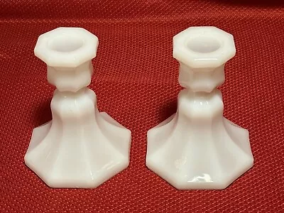 Vintage Milk Glass Candlestick Octagon Shape White Candle Holder Lot Of 2 • $17.95