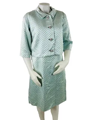 VTG 1960s Mod Mad Men Powder Blue Satin Sheath Dress Jacket Set 2 Piece Large • $88.99