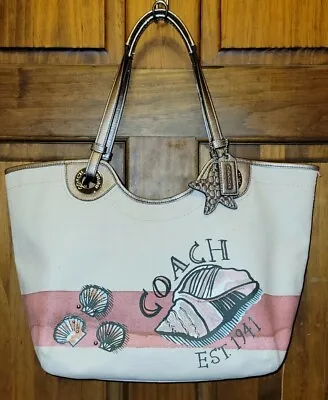 $145 • Buy Coach Canvas & Leather Seashell Beach Bag Tote Multi-color F19273 
