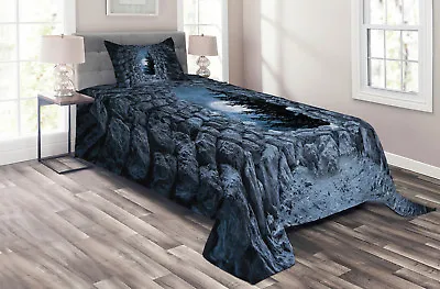 Gothic Quilted Coverlet & Pillow Shams Set Full Moon Dark Cave Print • $59.99