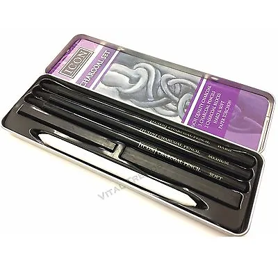 Charcoal Pencil Set Sketching Drawing Art Craft Silver Tin Box  • £7.19