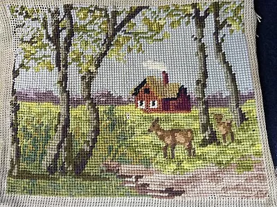 Vintage / Antique Completed Needlepoint Scene House Deer 7.5  X 9.5  • $19.99