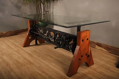 Industrial Table Dining Steampunk Crank Table Moving Gear Height Adjustable Desk • $4700