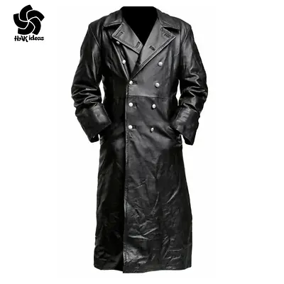Men's Classic Military Black Real Genuine Leather German Trench Long Coat • $199.99