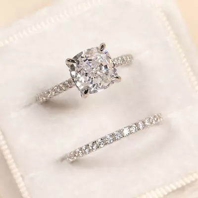 2.56 TCW Cushion Cut Moissanite Bridal Set Engagement Ring 14k White Gold Plated • $172.49