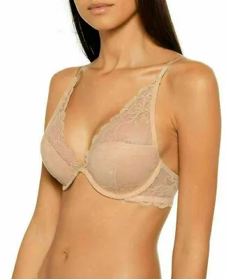 Calvin Klein Women Seductive Underwired Comfort Plunge Lace Bra Size 30B Beige • £17.99